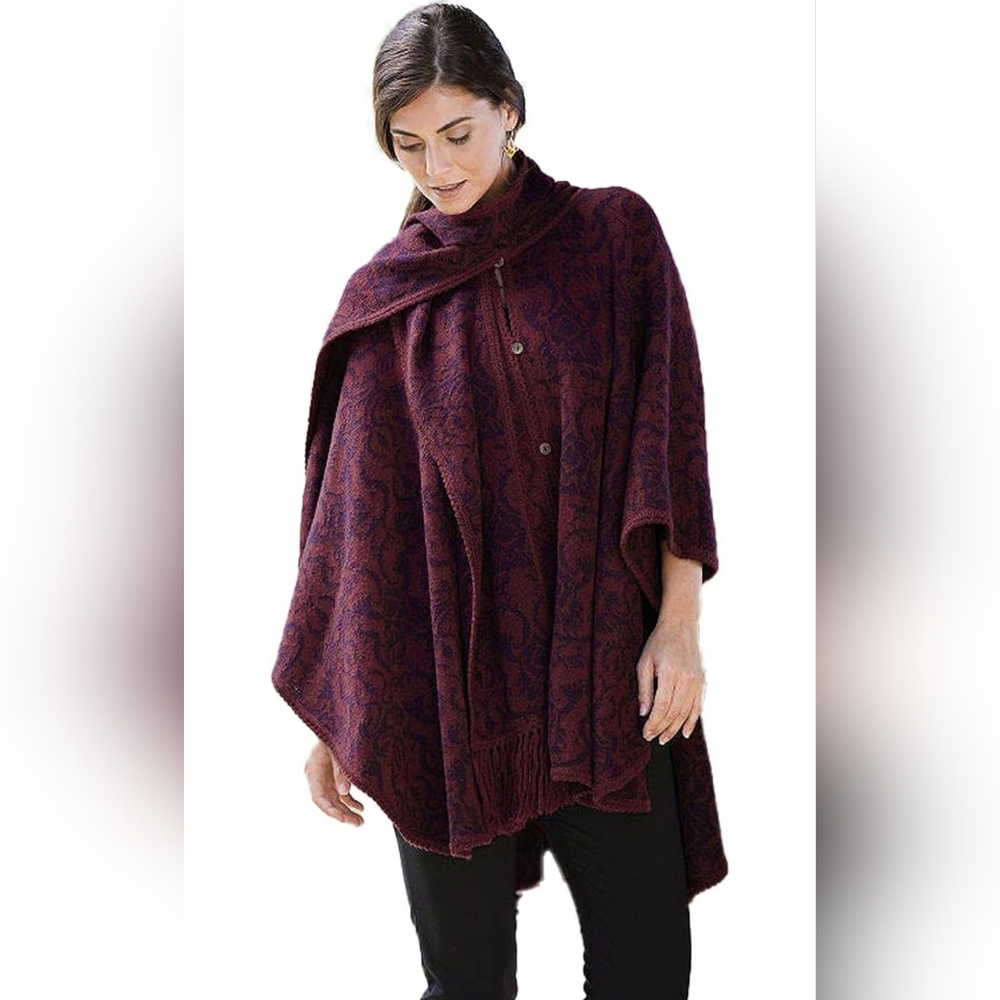 Novica burgundy & purple alpaca wool blend wrap shawl poncho w/ attached…
